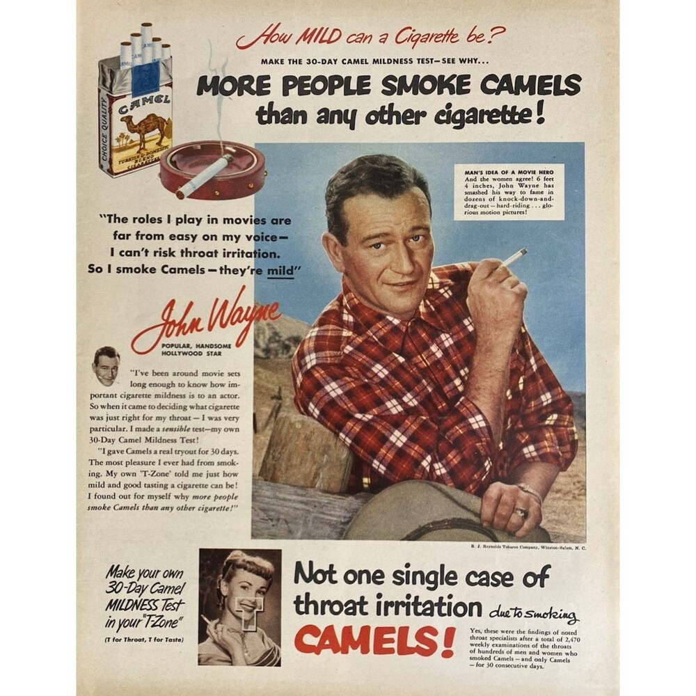 Camels Cigarette John Wayne "I Smoke Camel they're Mild" Vintage Print Ad 1951